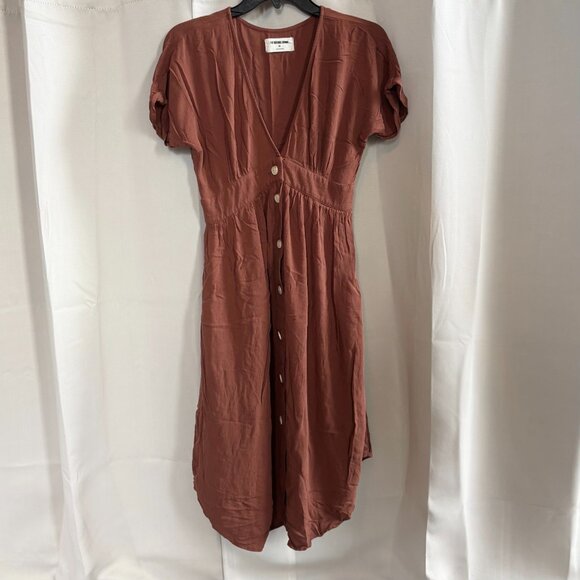 The Normal Brand Dress Size XS Clay Brown Deep V Button Midi Minimalist 18687 - Picture 1 of 10